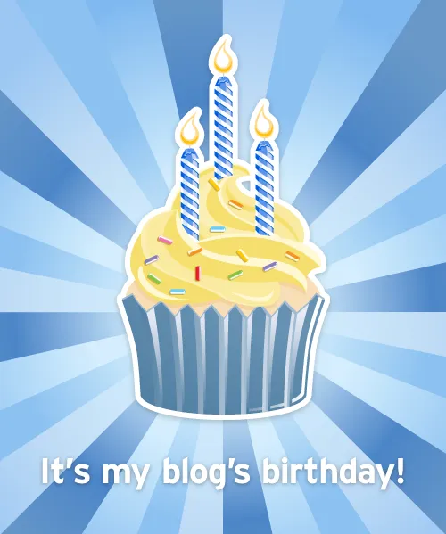 Graphic of a cupcake with three candles, captioned It’s my blog’s birthday!