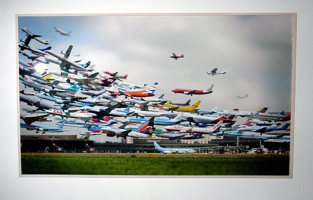 Composite image of many aircraft taking off at the same time