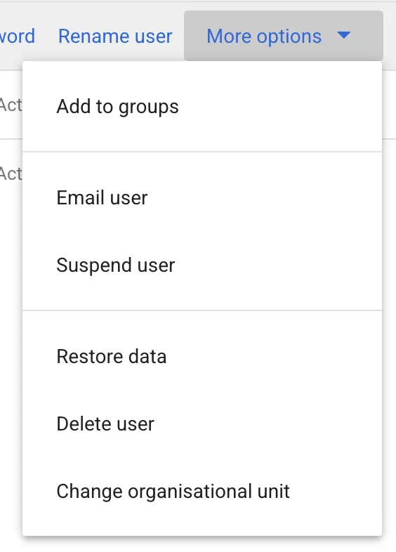 Screenshot of Google Workspace admin’s “More options” dropdown for a user, showing menu items including Add to groups, Email user, Suspend user, Restore data, Delete user, and Change organisational unit.
