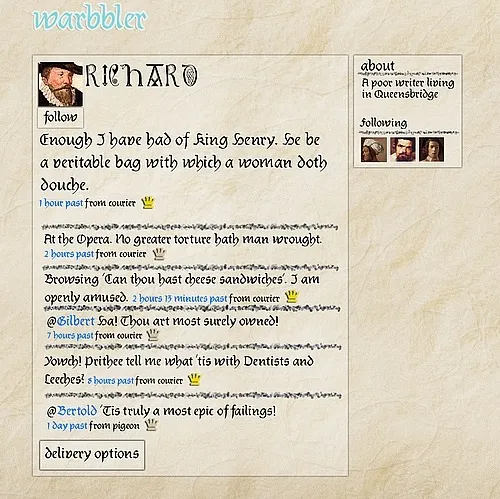 Warbbler, a mock Twitter profile for Richard, a poor writer in Queensbridge, written in blackletter