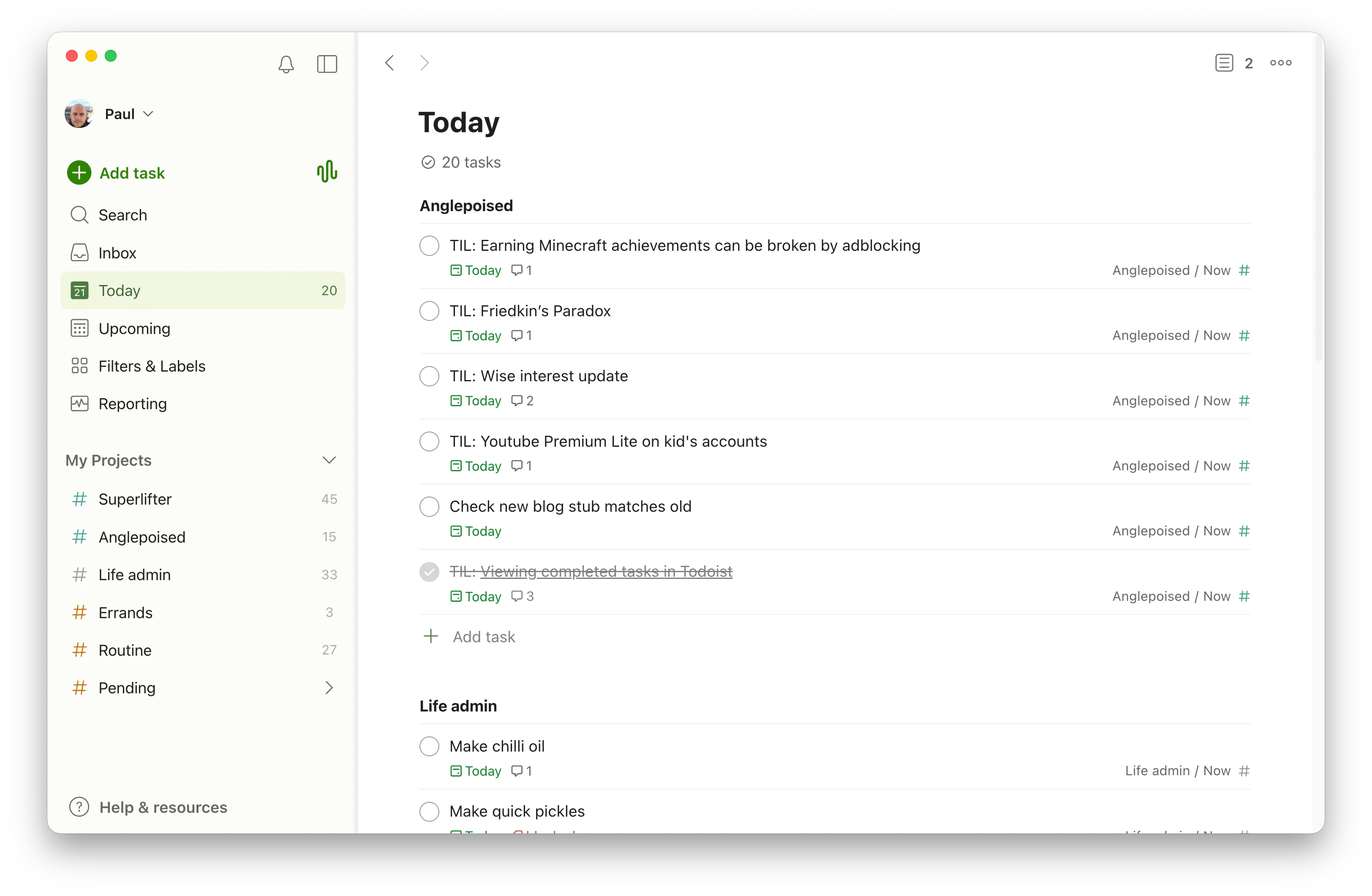 Todoist’s Today view showing a completed task, “TIL: Viewing completed tasks in Todoist,” displayed with strikethrough alongside other tasks in the Anglepoised project.