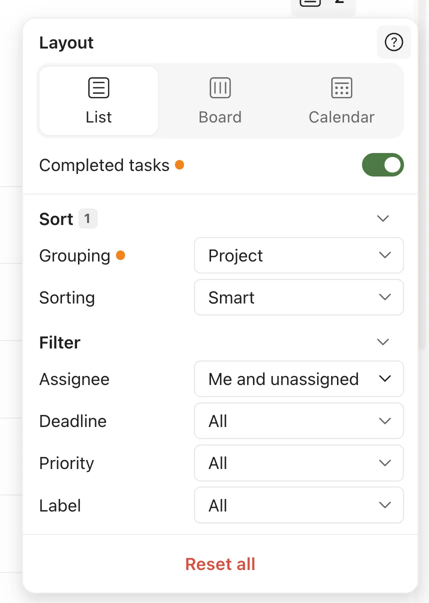 Todoist’s Today view layout settings panel, with the “Completed tasks” toggle switched on.
