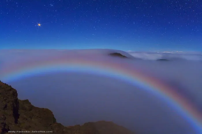 Mars rising over Haleakala Crater Moonbow