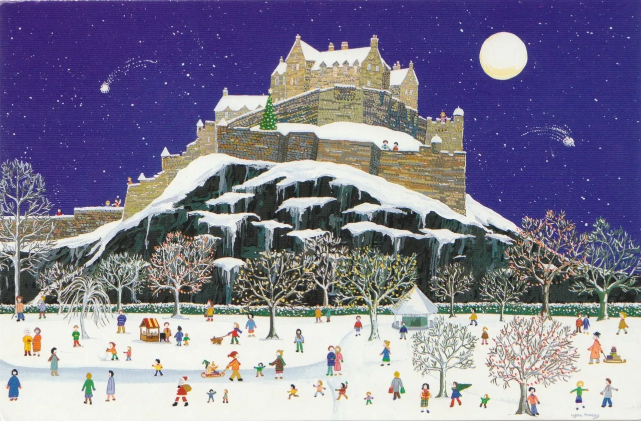 Postcard: winter scene of Edinburgh Castle, painted by Lynn Hanley