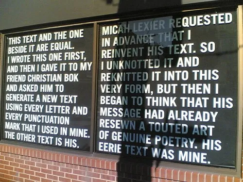 Micah Lexier and Christian Bök’s texts on a wall, the second using exactly the letters of the first