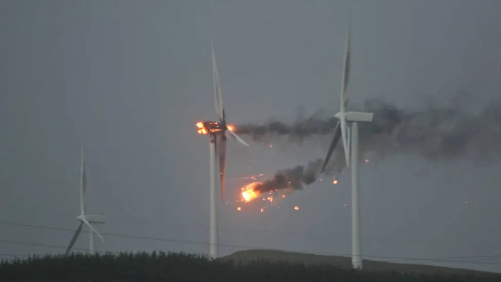 A wind turbine on fire at Ardrossan Windfarm